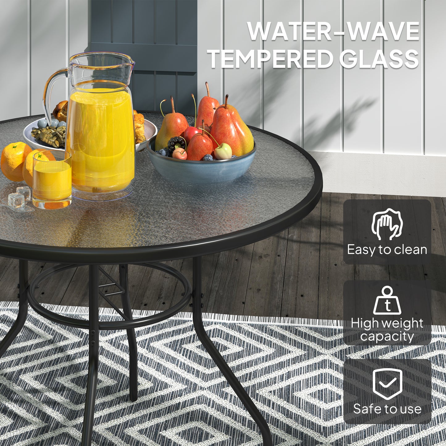 Outdoor Round Dining Table Tempered Glass Top w/ Parasol Hole 100cm