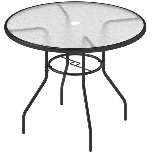 Outdoor Round Dining Table Tempered Glass Top w/ Parasol Hole 100cm