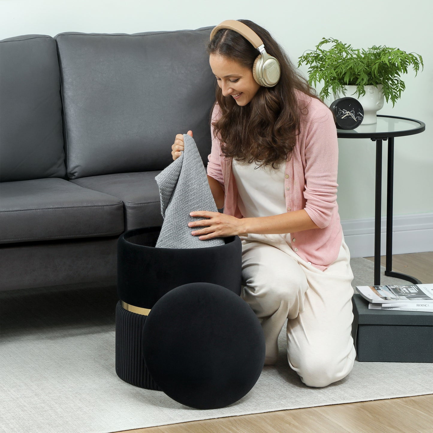 Round Pouffe Storage Footstool with Hidden Space, Black
