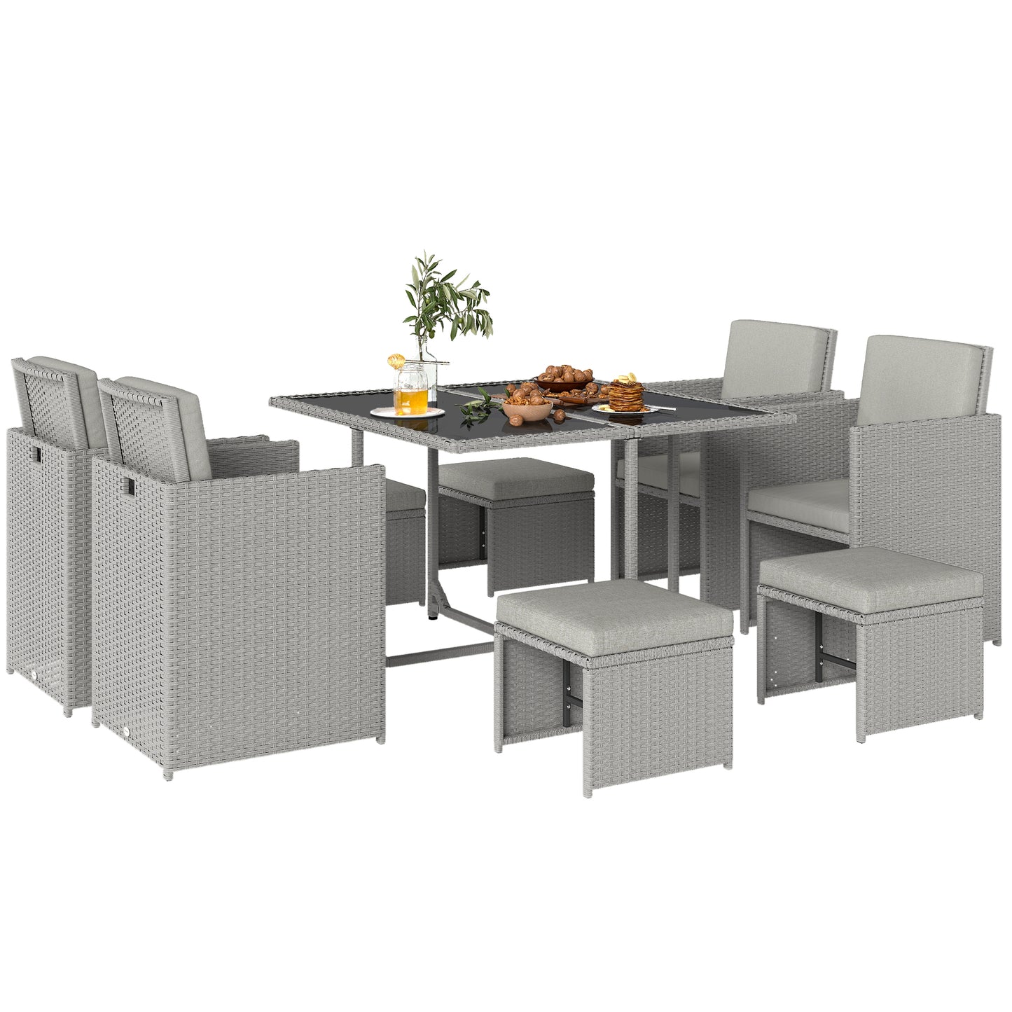 8 Seater Cube Rattan Garden Dining Set with Cushions, Light Grey