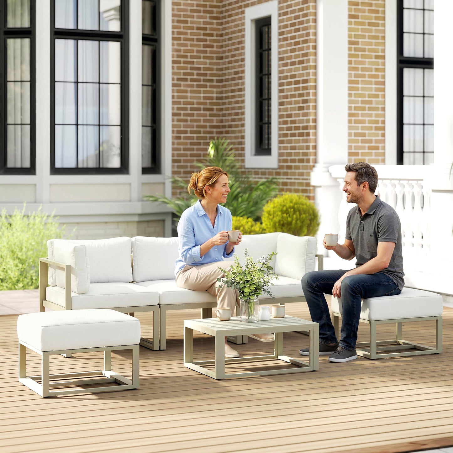 6 PC Garden Daybed, Sectional Sofa Set with Coffee Table, Footstool