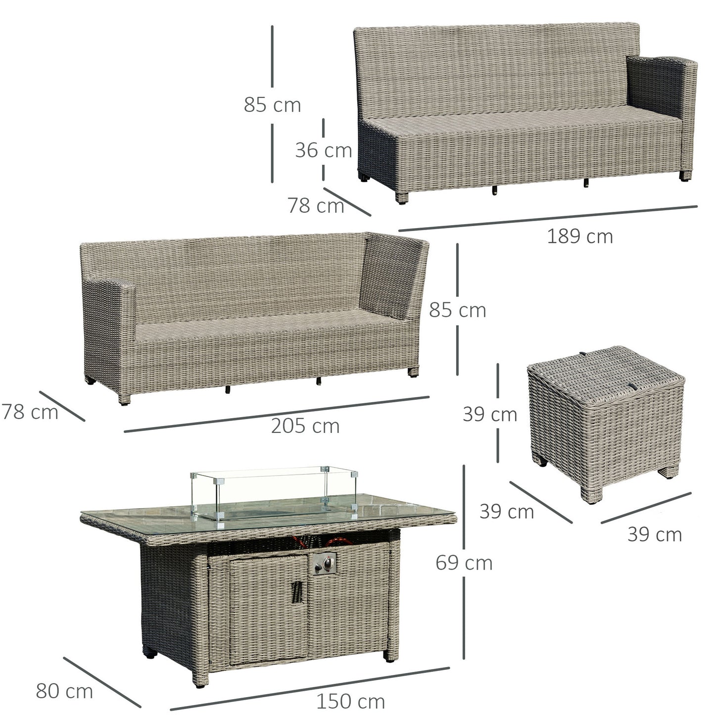 5 PCs Outdoor PE Rattan L-Shape Sofa Footstool Fire Pit Table Set