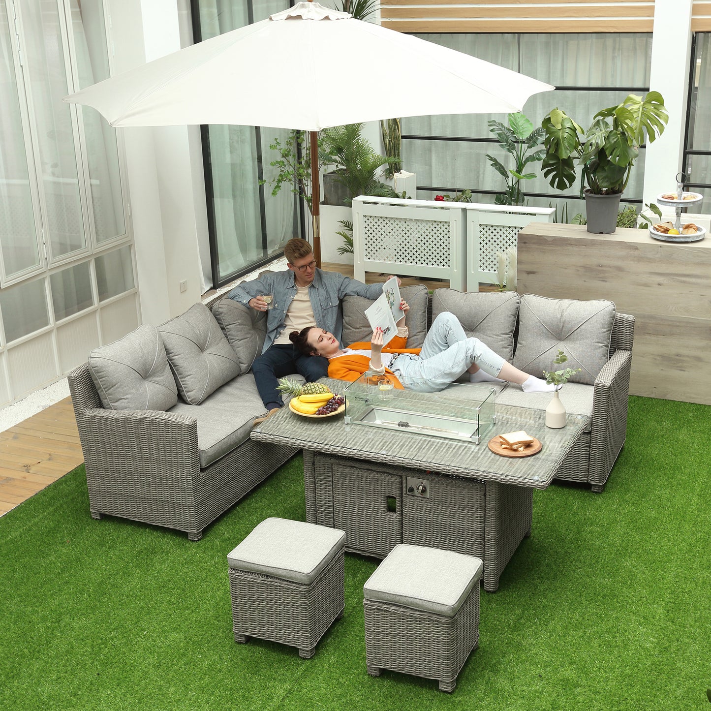 5 PCs Outdoor PE Rattan L-Shape Sofa Footstool Fire Pit Table Set