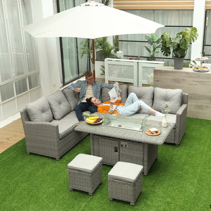 5 PCs Outdoor PE Rattan L-Shape Sofa Footstool Fire Pit Table Set