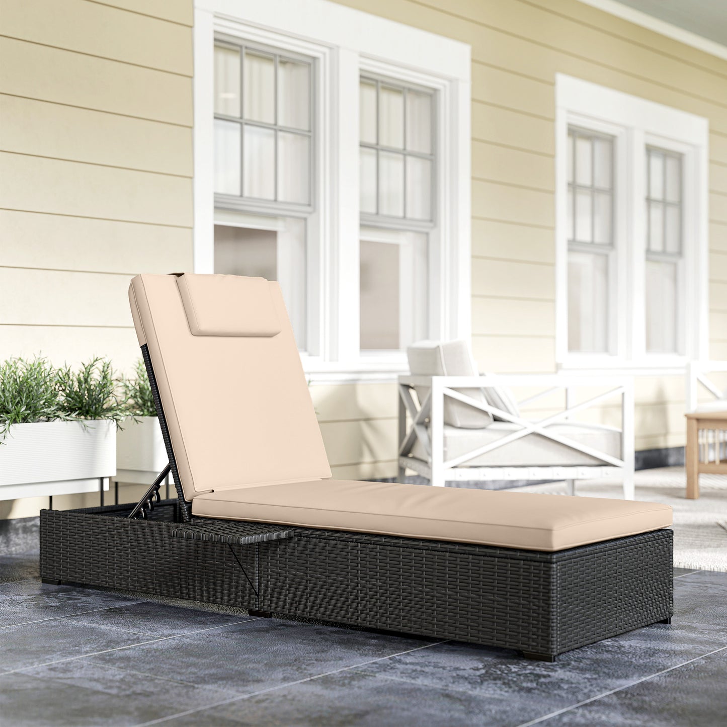 Rattan Sun Lounger, Garden Recliner w/ 5-Level Back, Cushion, Black
