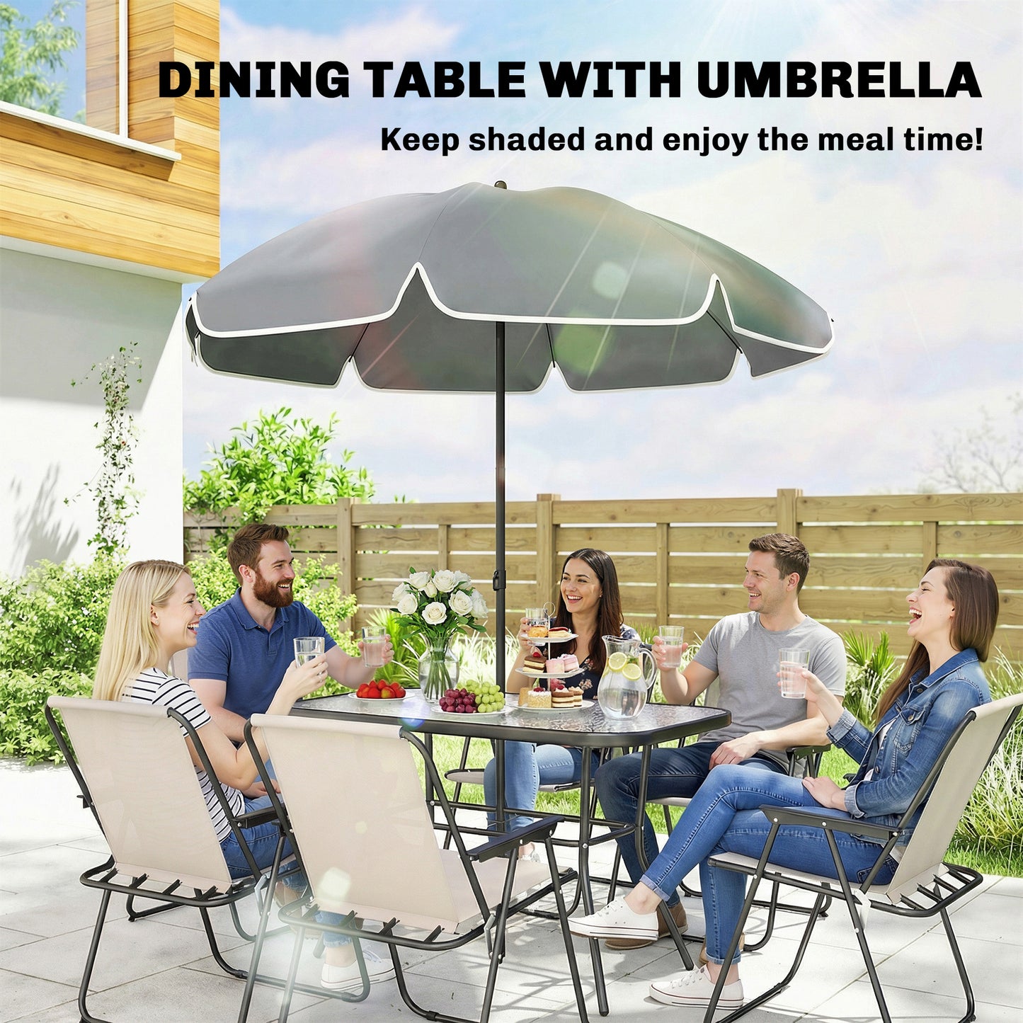 8 Piece Garden Dining Set with 6 Folding Chairs and Umbrella, Cream