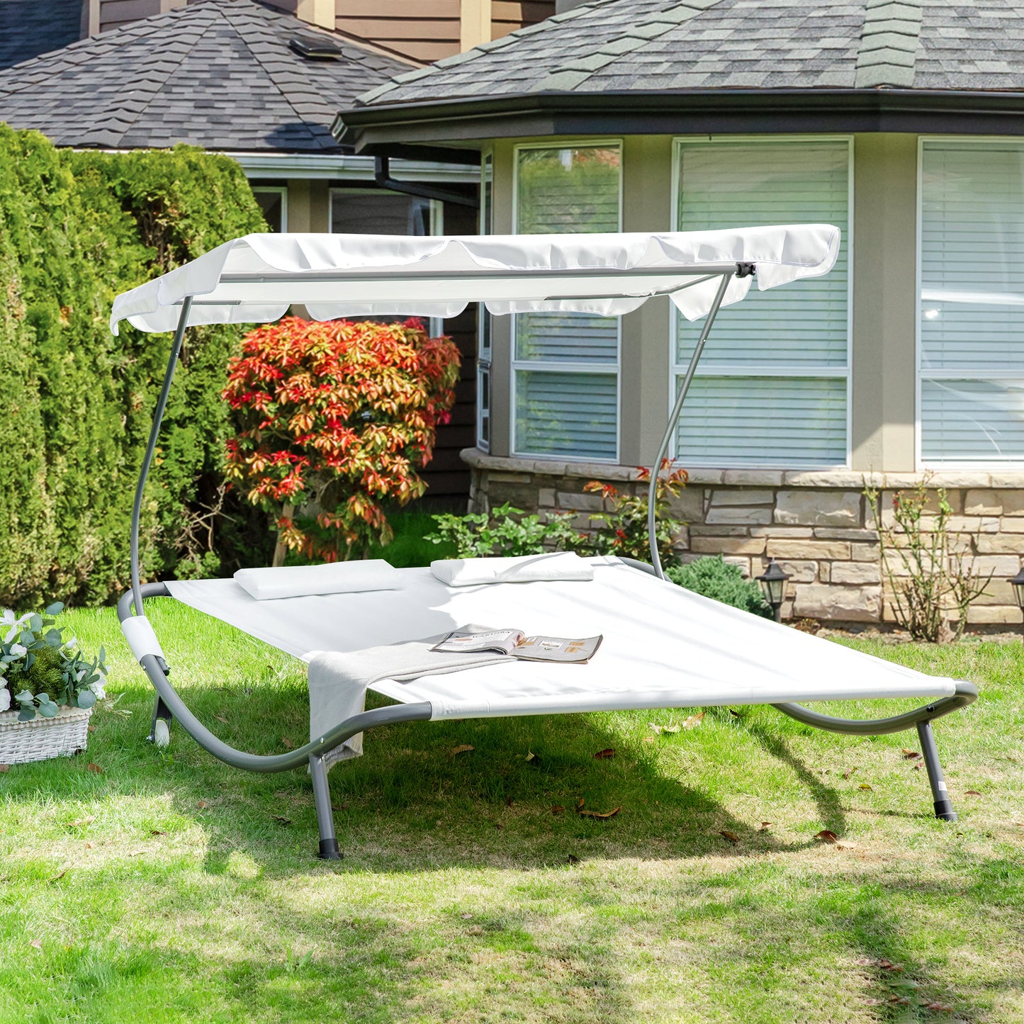 Garden Double Hammock Sun Lounger Day Bed Canopy 2 Pillows w/ Stand New