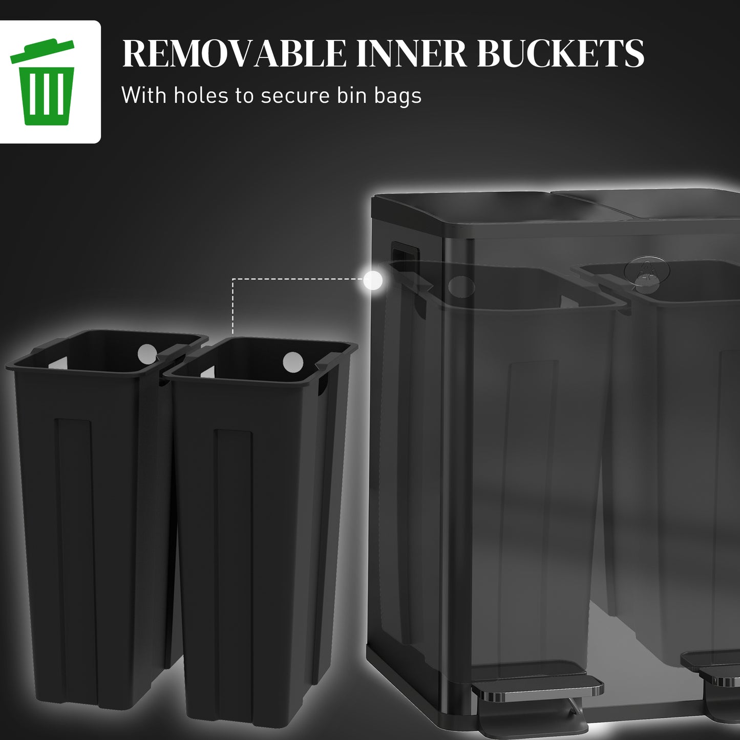 2 x 20L Dual Kitchen Bin Pedal Bin for Recycling and Waste, Black