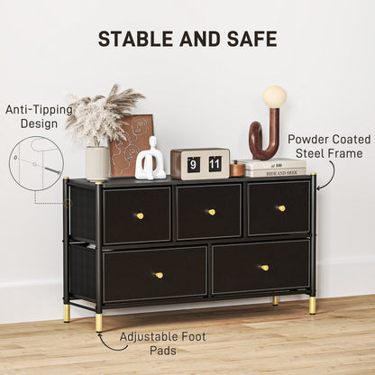 Chest of Drawers, 5 Drawer Fabric Dresser with PU Leather Surface, Steel Frame, Storage Organizer Unit for Bedroom, Living Room, Hallway, Closet, Easy to Assemble, Black