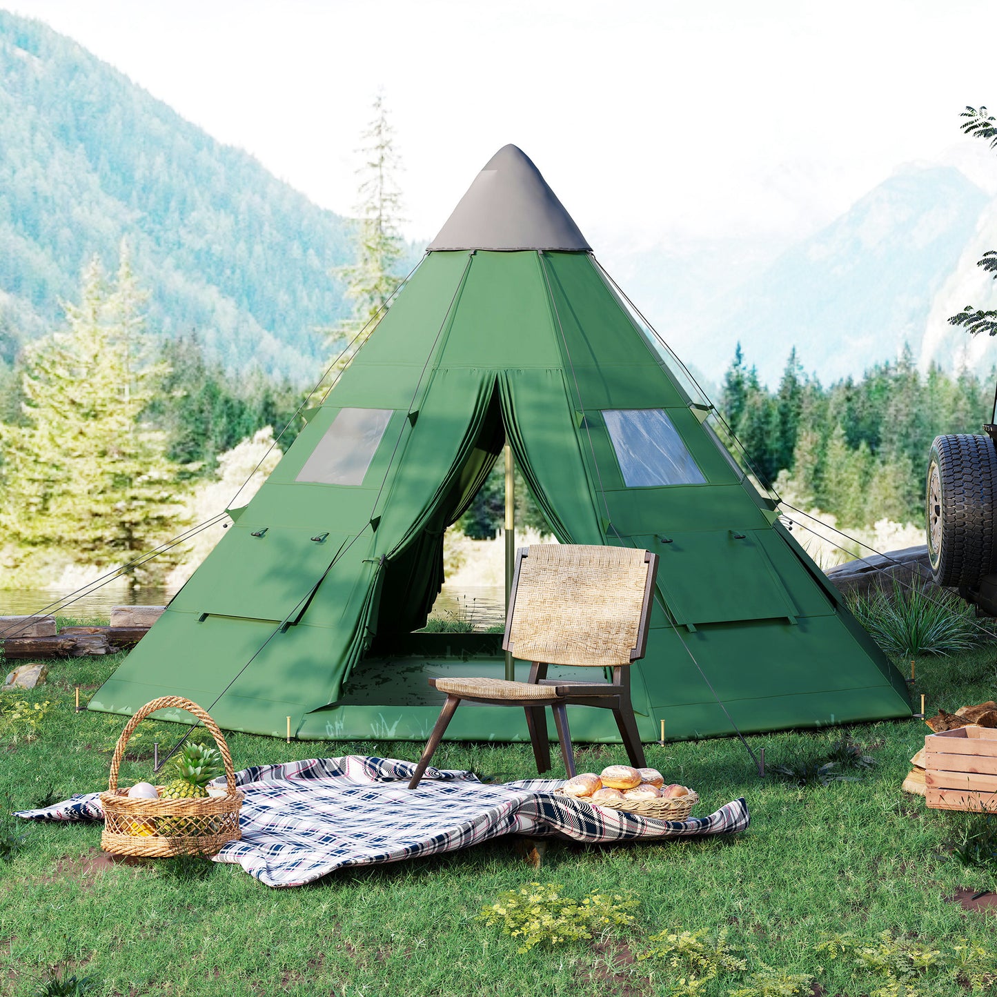6-7 Person Large Family Party Camping Tent W/ Carrying Bag, Green