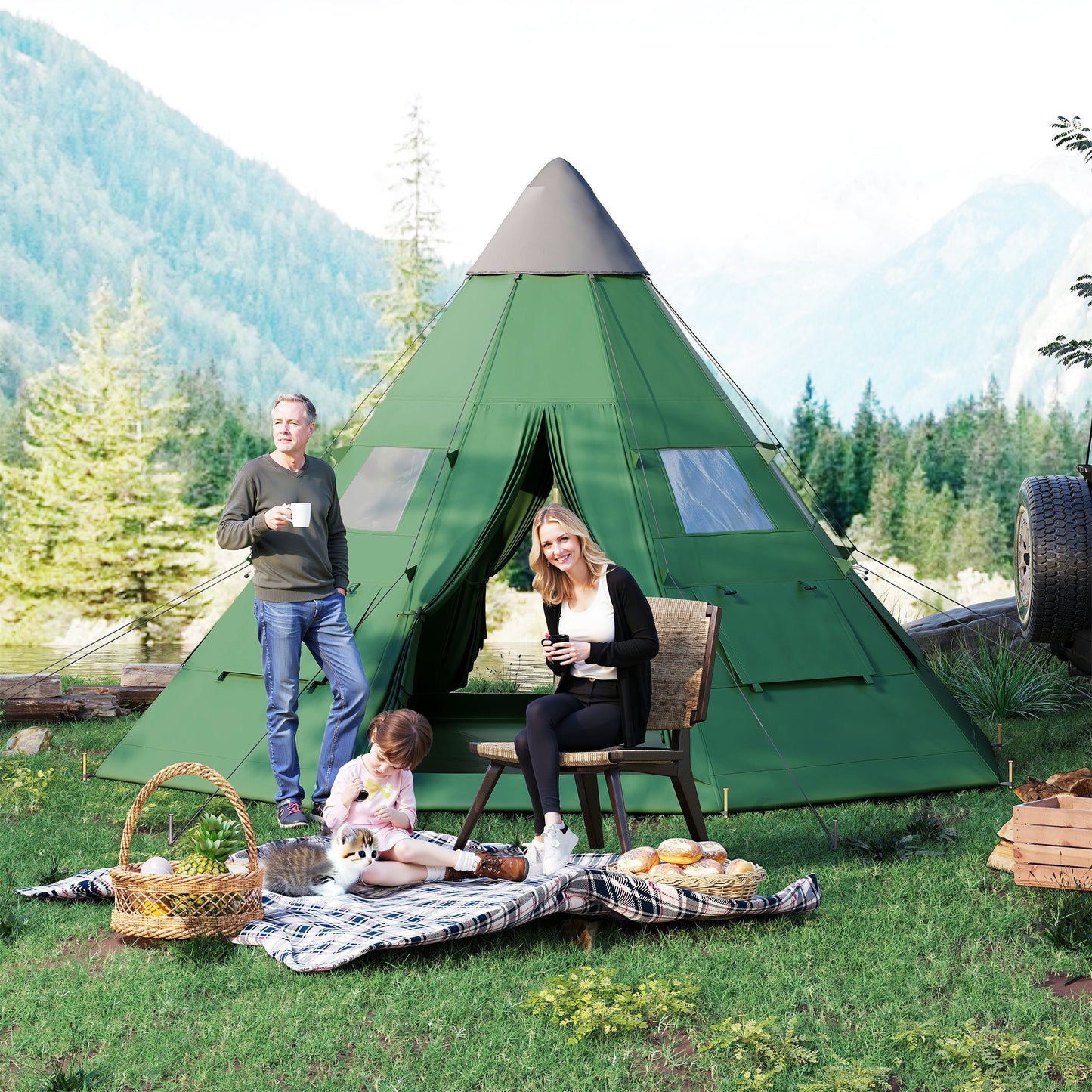 6-7 Person Large Family Party Camping Tent W/ Carrying Bag, Green