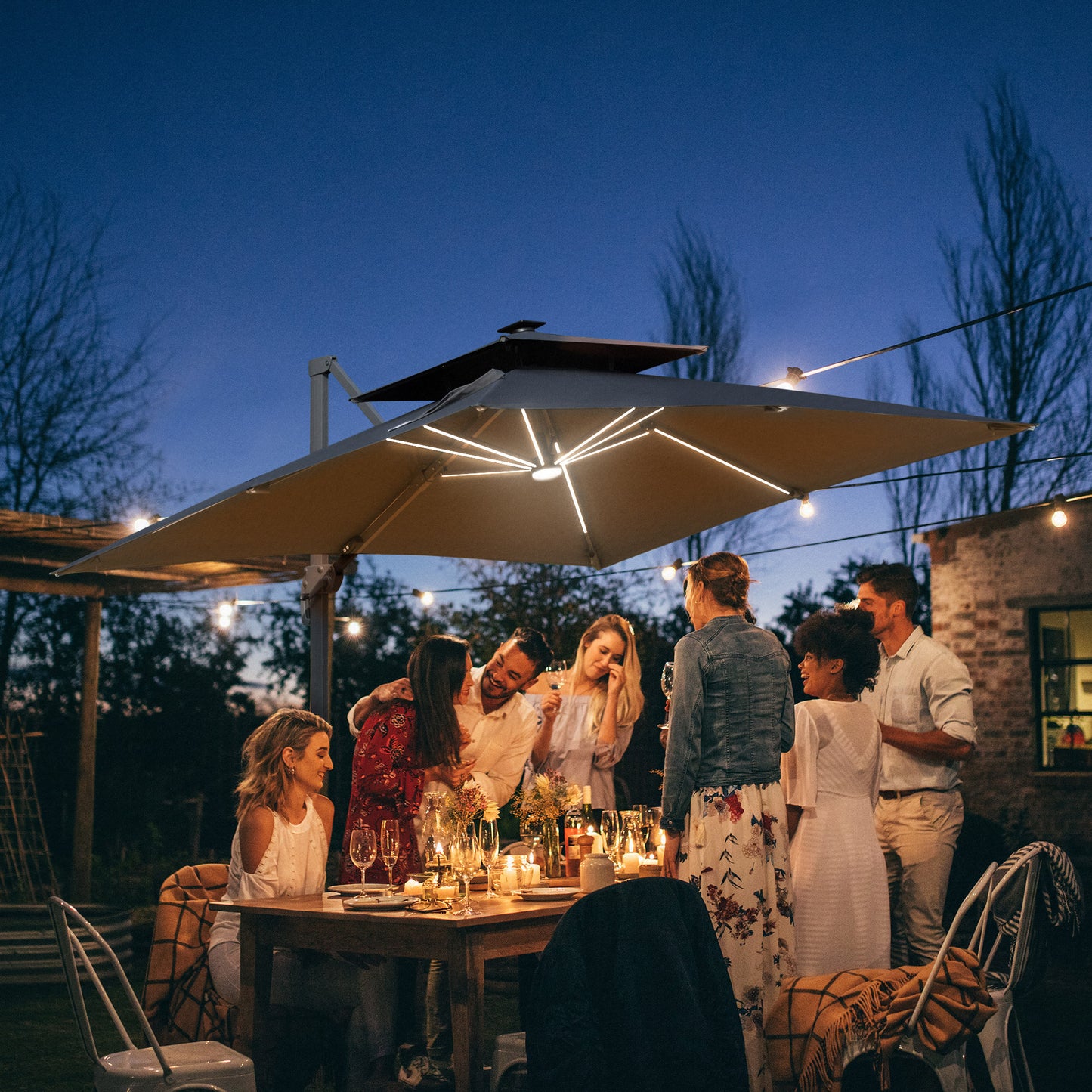 3m Cantilever Parasol, Outdoor Offset Patio Umbrella, Solar LED Lighted Hanging Sun Shade Canopy w/ Tilt and Crank Handle, Cross Base, Grey