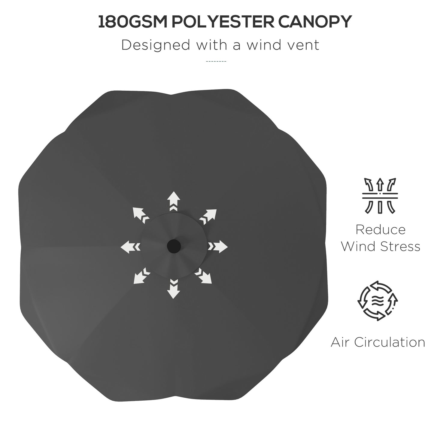 Solar Patio Umbrella with LED and Tilt, Outdoor Market Table Umbrella Parasol with Crank, 3 x 3 (m), Grey