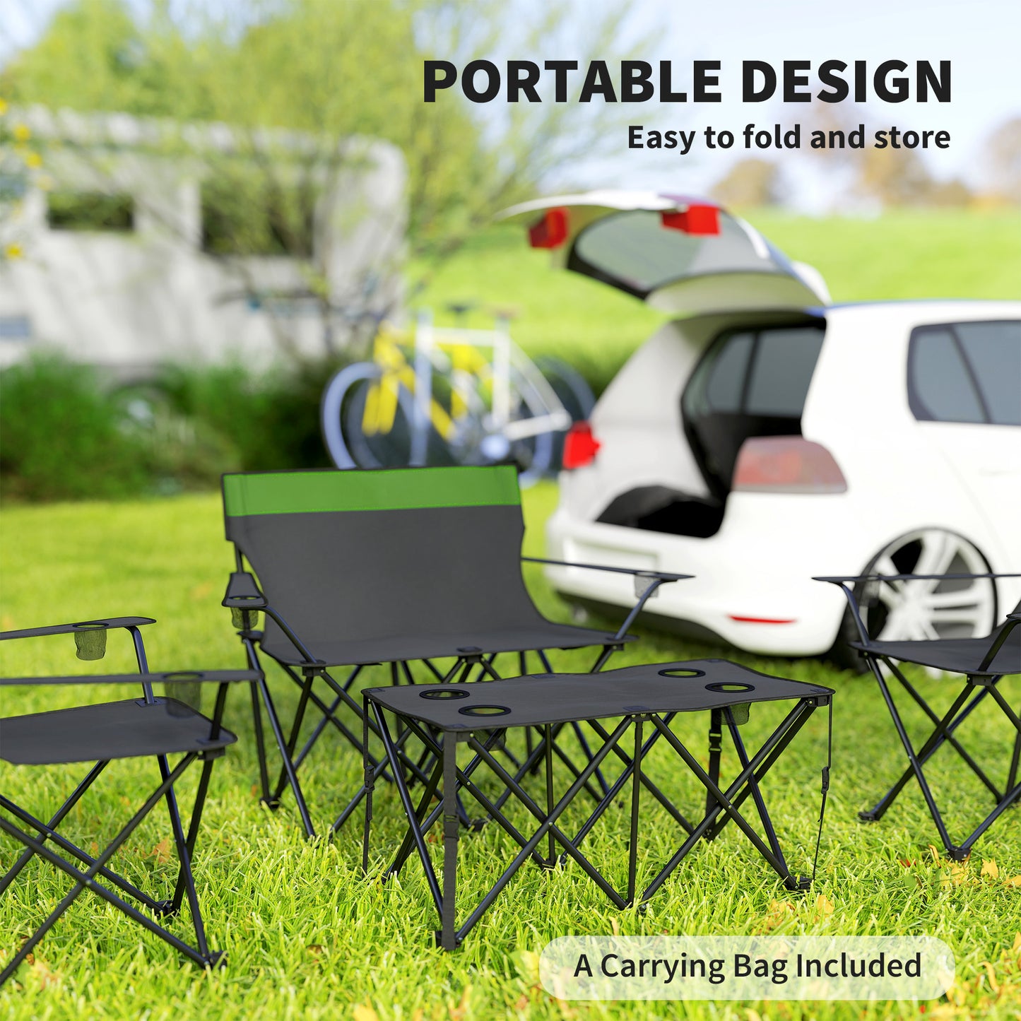 4 Piece Foldable Camping Table and Chairs Set, Olive Green