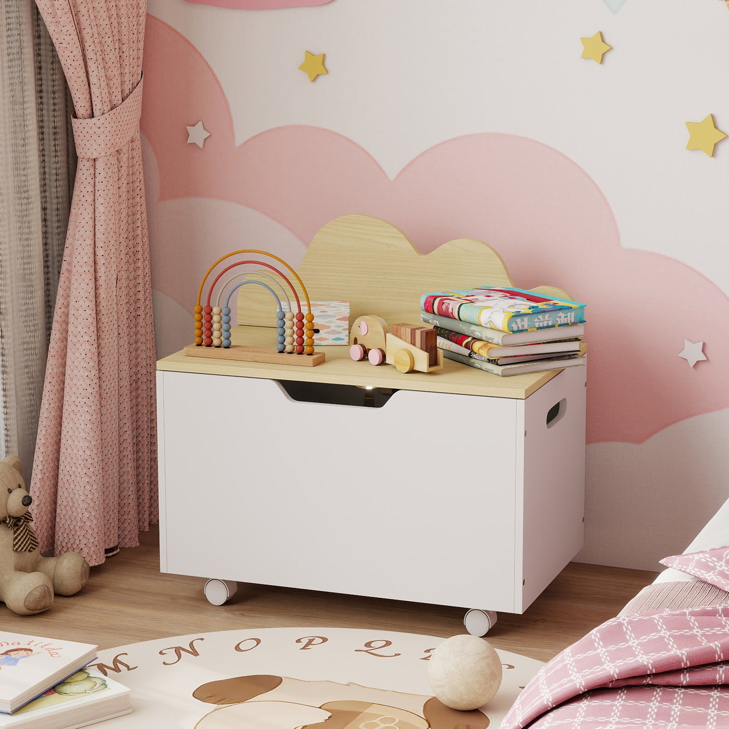 Toy Box for Kids, Toy Chest with Wheels and Safety Hinges, White