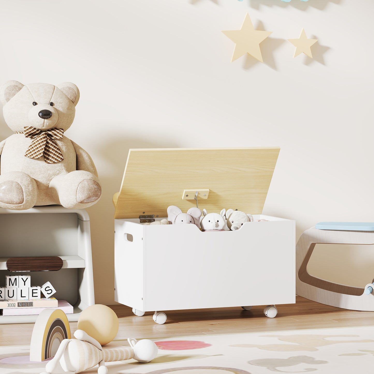 Toy Box for Kids, Toy Chest with Wheels and Safety Hinges, White