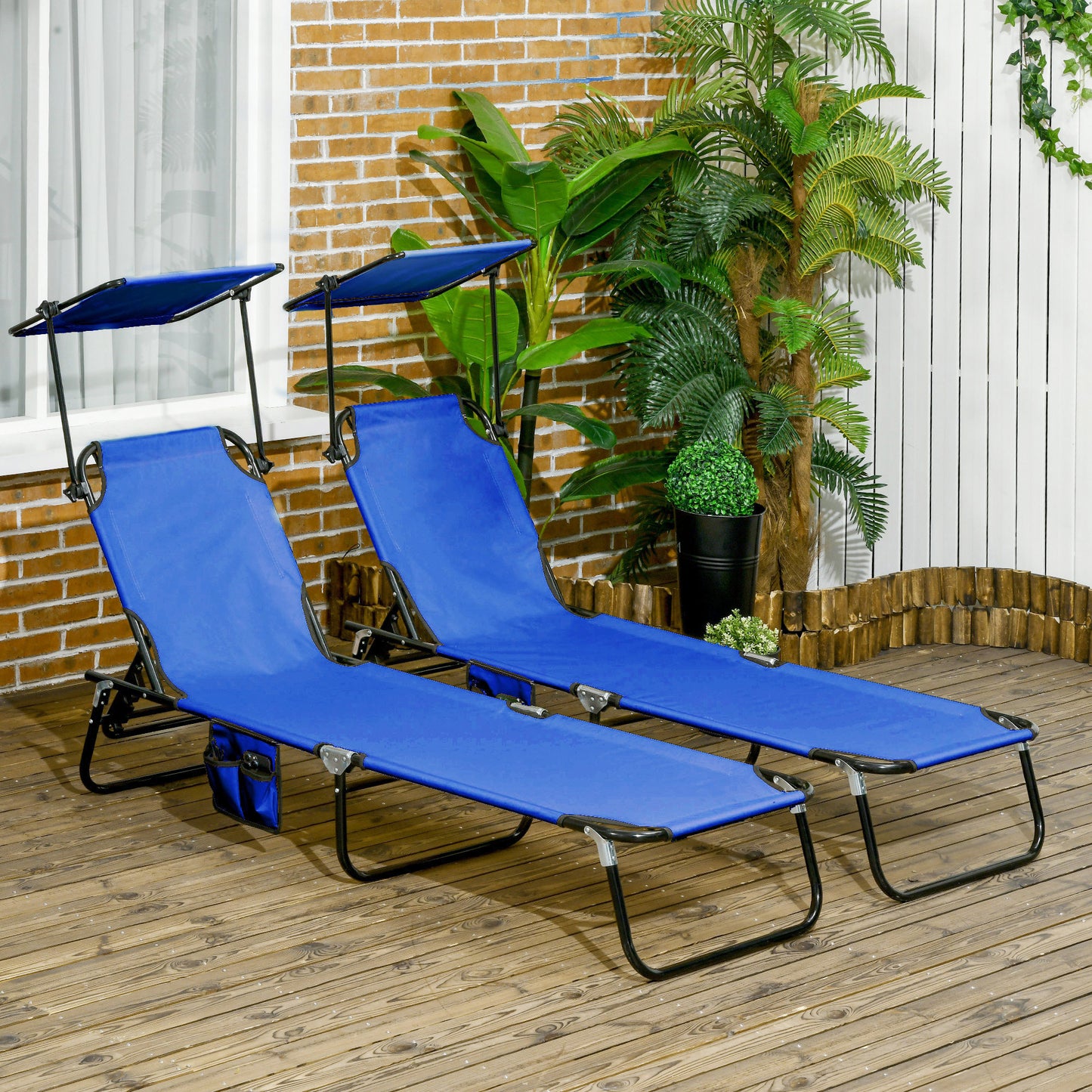 2 Piece Folding Sun Loungers with Adjustable Backrest, Blue