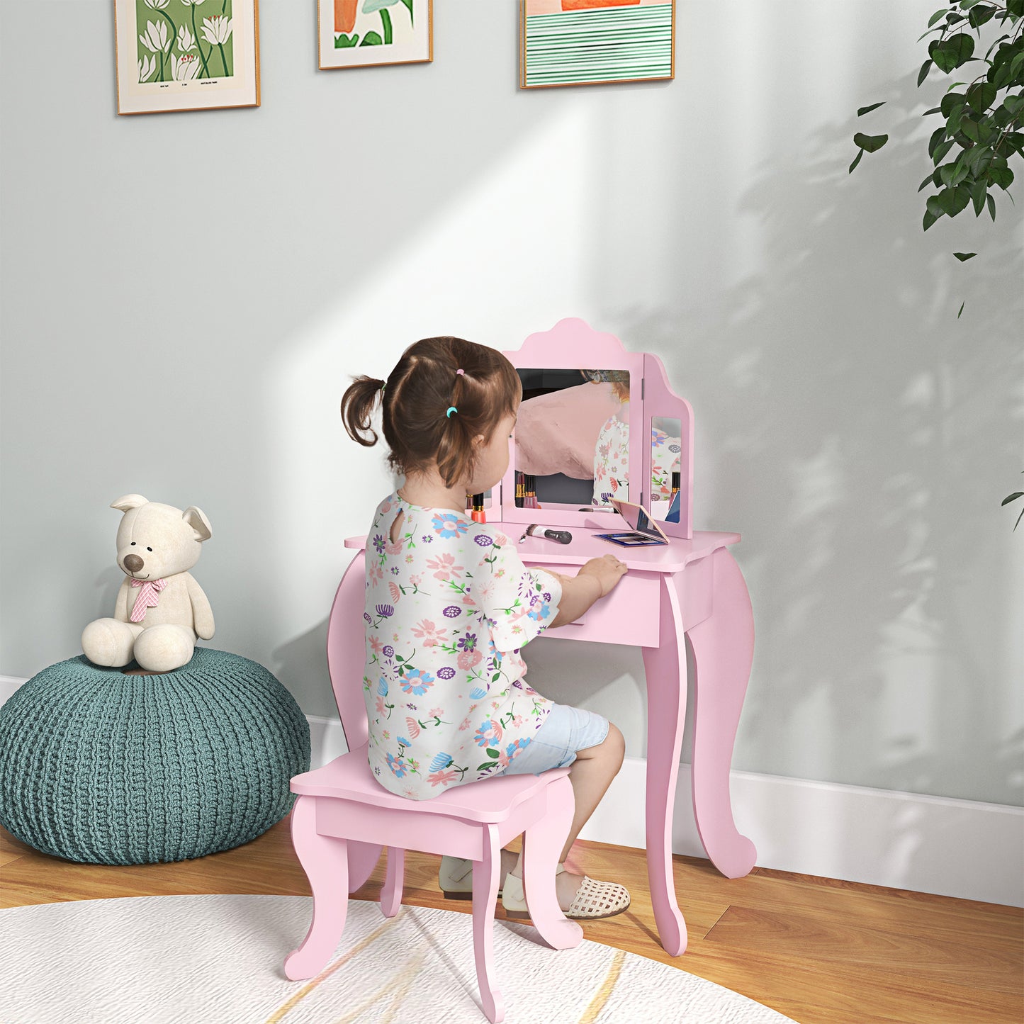 Makeup Dressing Table Set with Tri-Folding Mirror and Drawer, Pink