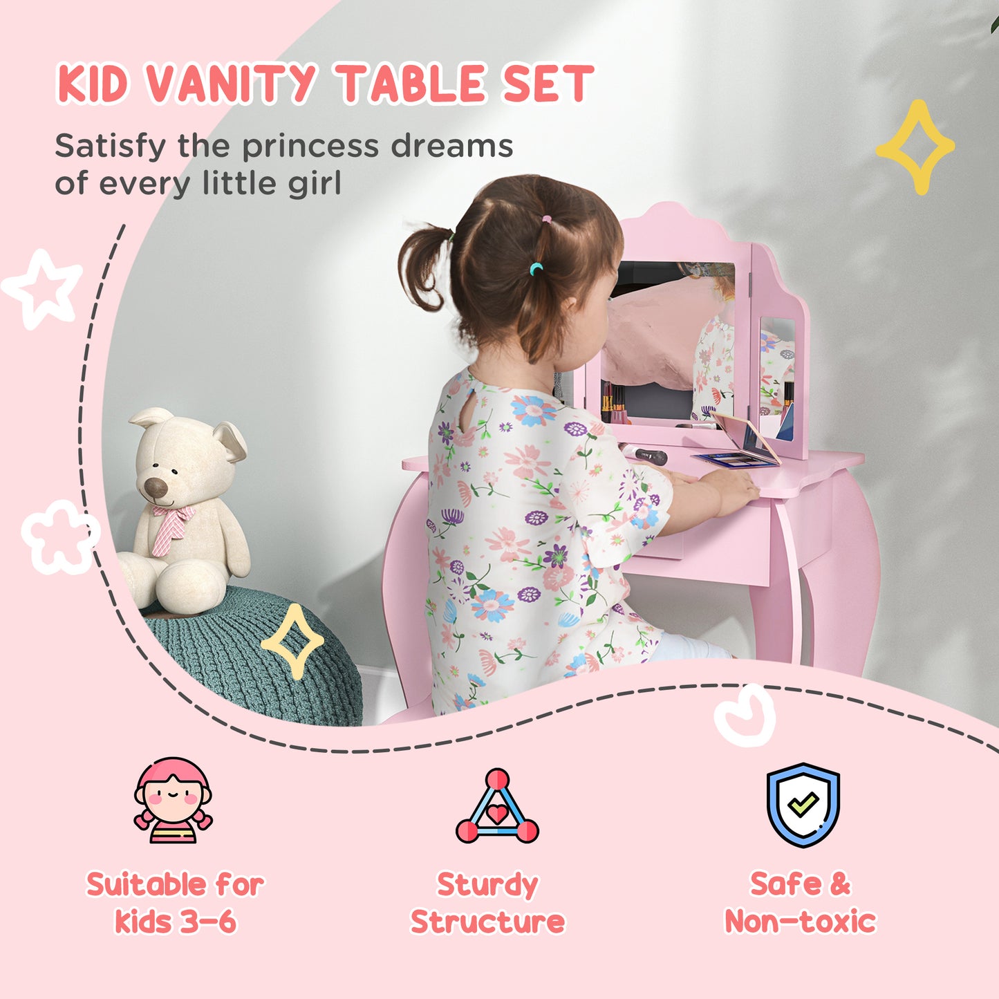 Makeup Dressing Table Set with Tri-Folding Mirror and Drawer, Pink