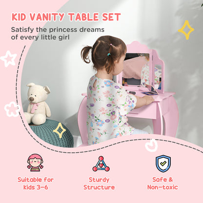 Makeup Dressing Table Set with Tri-Folding Mirror and Drawer, Pink
