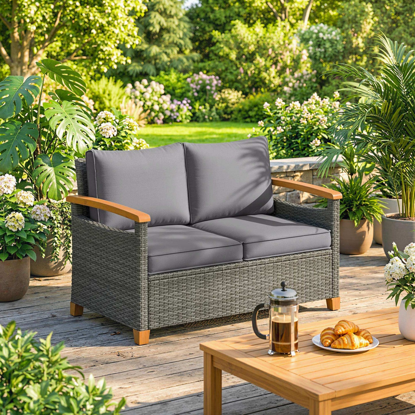 2 Seater Rattan Garden Sofa with Acacia Wood Armrests, Dark Grey