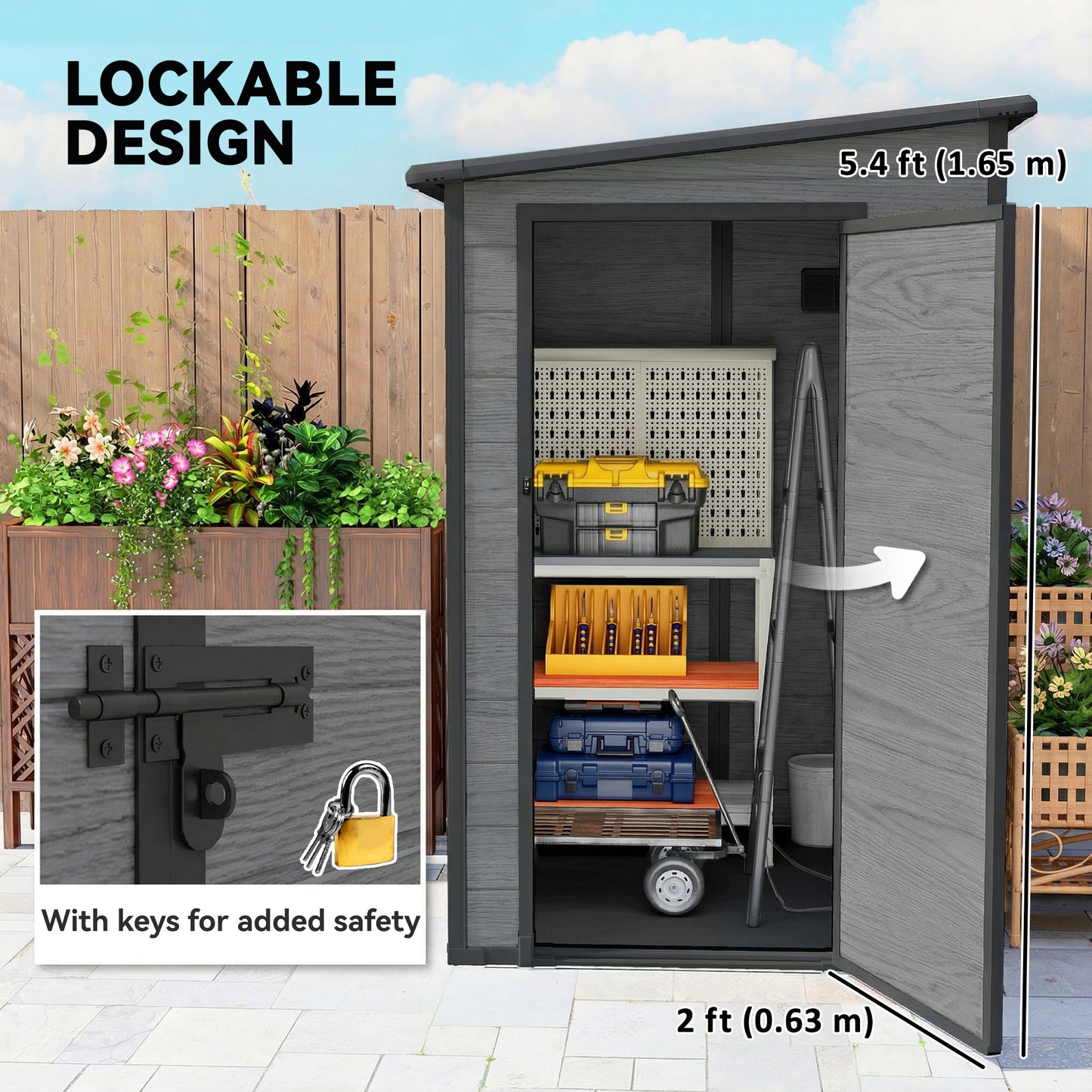 Lean to Garden Shed, Plastic Tool Storage House w/ Lockable Door