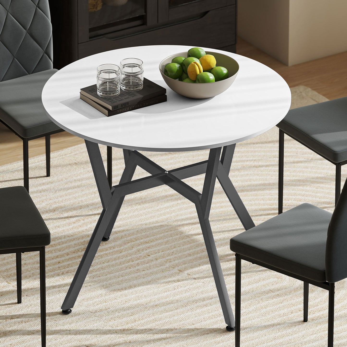 Small Kitchen Table with Black Steel Legs, Dining Table, High Gloss White