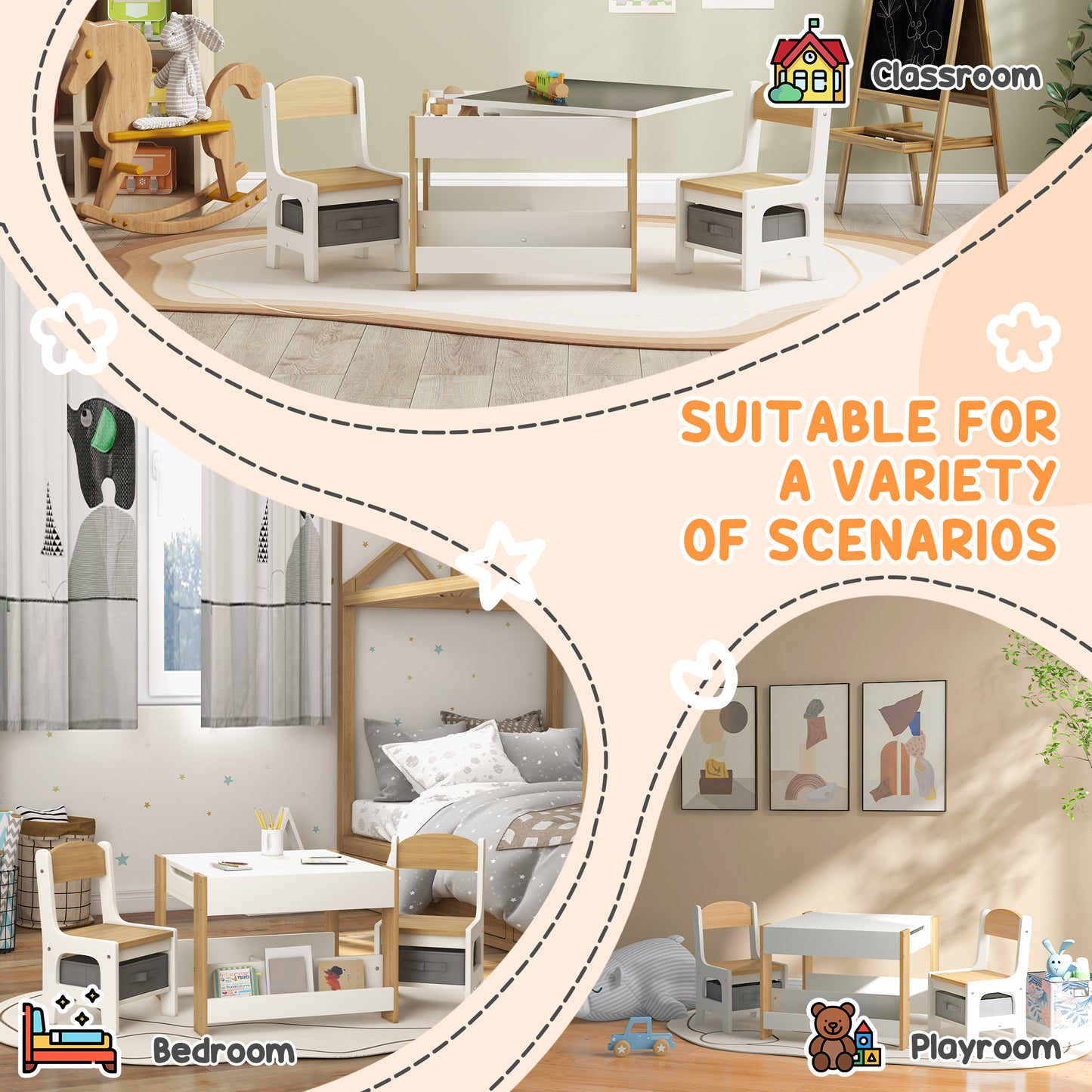 3-Piece Kids Table and Chair Set for Nursery, Playroom, Classroom