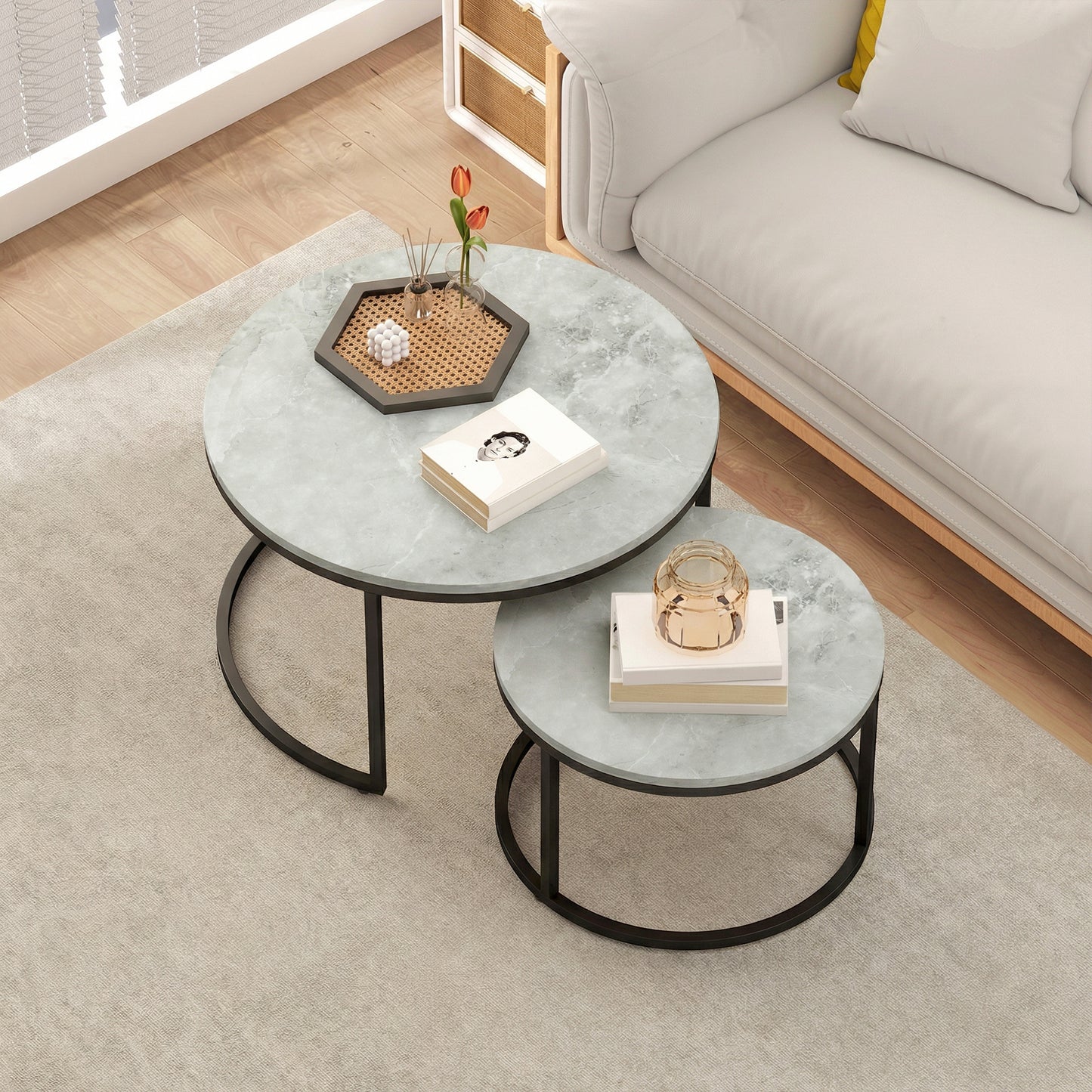 2 Pcs Stacking Coffee Table Set Steel Frame, Marble Grey
