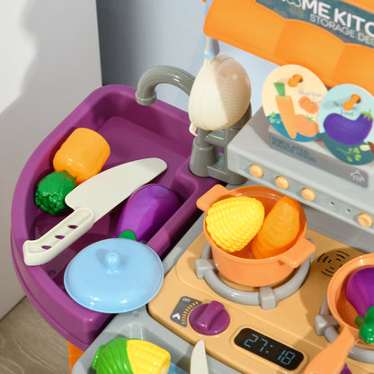 AIYAPLAY Toy Kitchen, 49 Pieces Kids Play Kitchen, Children Trolley, with Sound and Light, Spray Effects, Running Water
