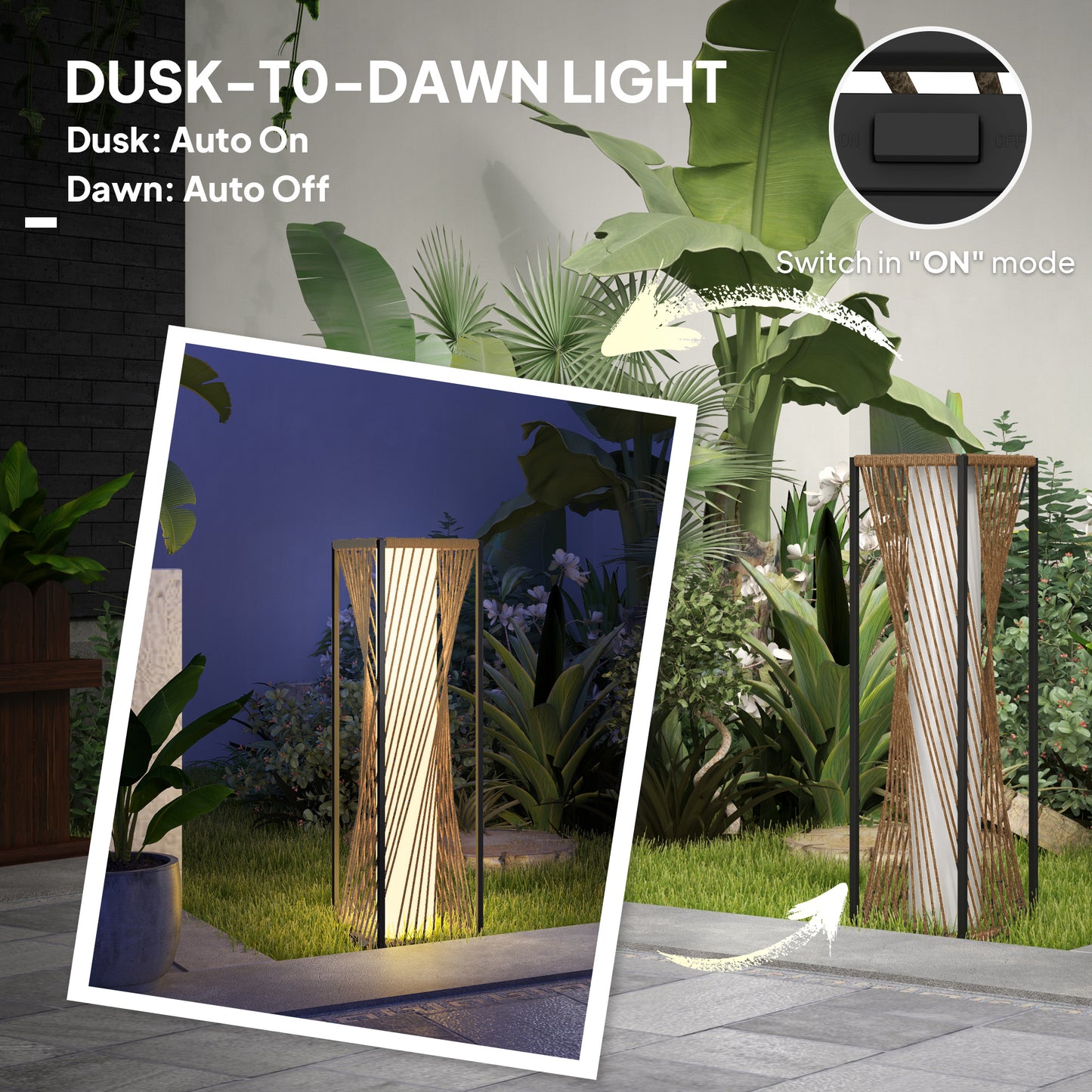 Rattan Solar Floor Lamp, Auto On/Off  Garden Lights, Sand Brown