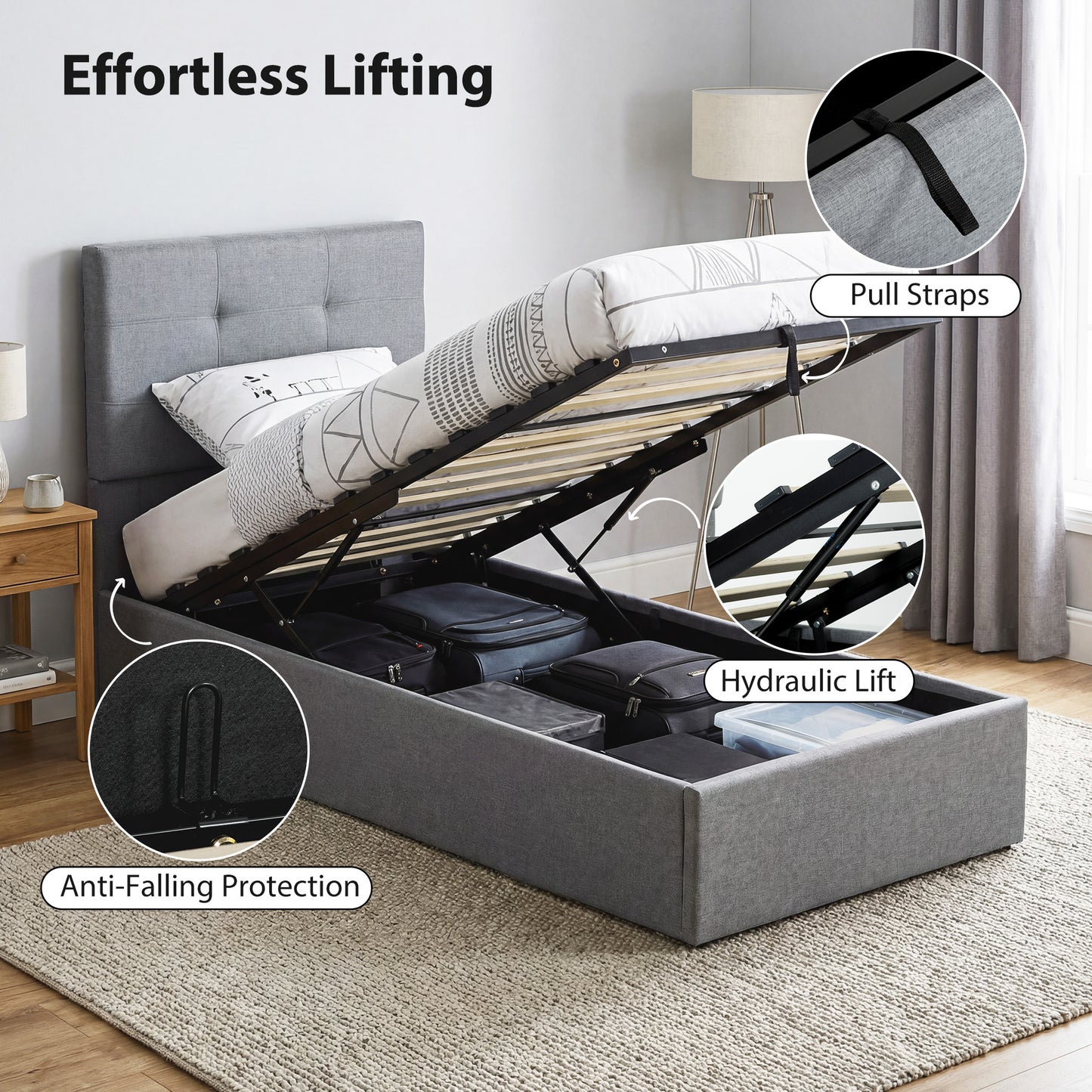 Upholstered Ottoman Bed, 3ft Single Storage Bed Frame, Grey