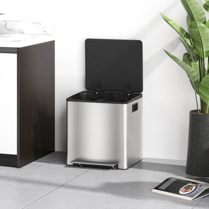 2 x 15L Double Kitchen Bin, Pedal Bin Soft-Close Lid, Silver Tone