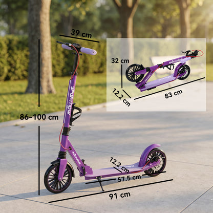 Foldable Kick Scooter with Height Adjustable Handlebar, One-click Folding Adult Scooters with 200 mm Big Wheels, Shock Absorption, ABEC-7 Bearings, Dual Brake System, Aluminium Frame, Purple
