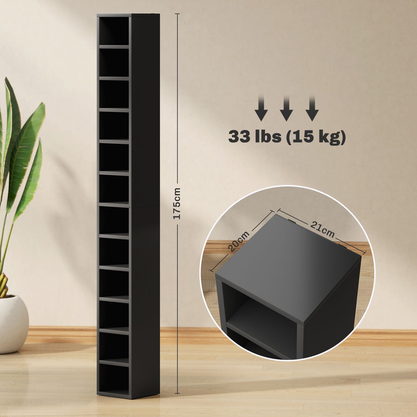 204 CD Storage Tower Tall Bookcase Bookshelf with 12 Cubes Black