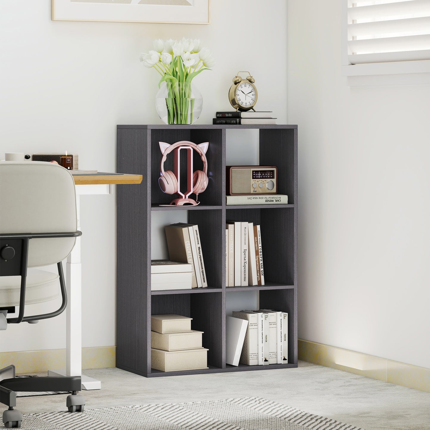 6-Cube Bookshelf, Display Shelving Unit for Home Office, Grey
