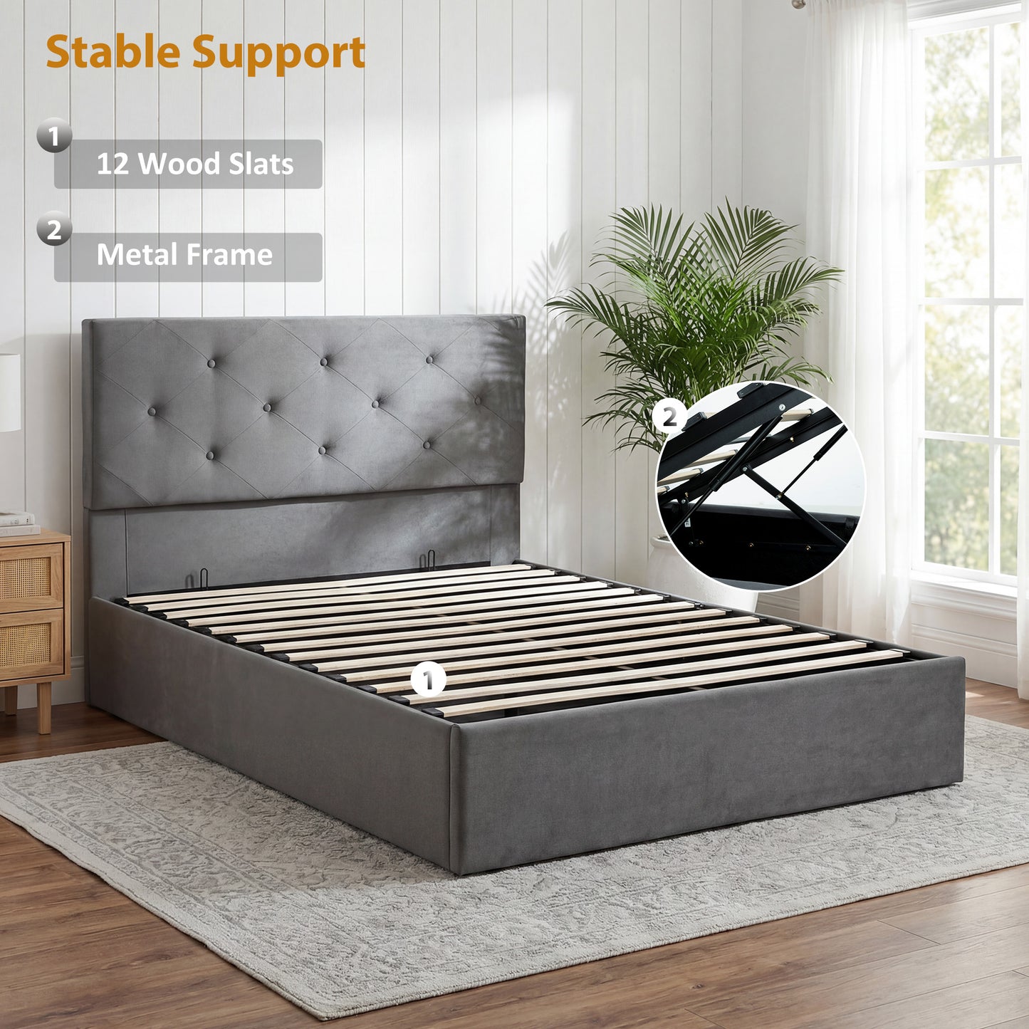 Double Bed Frame Gas Side Lift Under Bed Storage Dark Grey