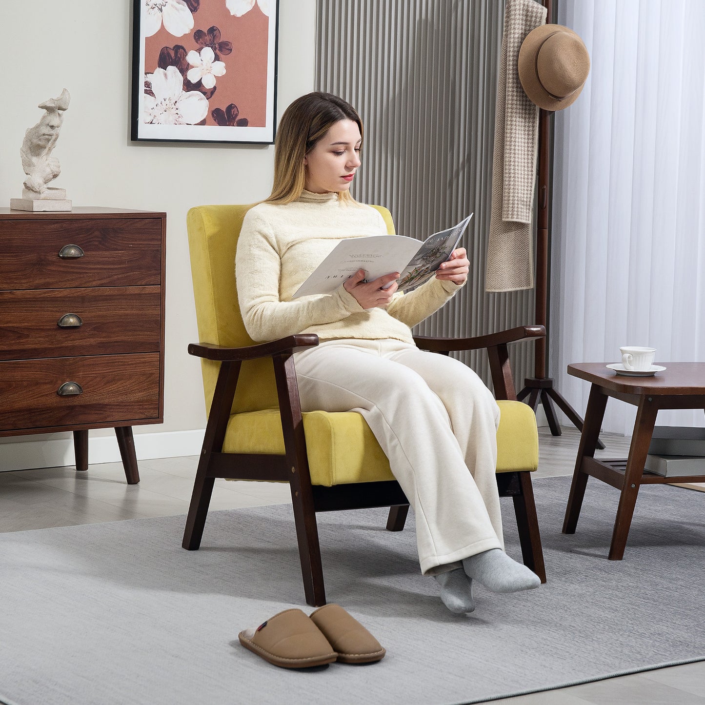 Velvet Armchair with Solid Wood Frame and Thick Padded, Champagne