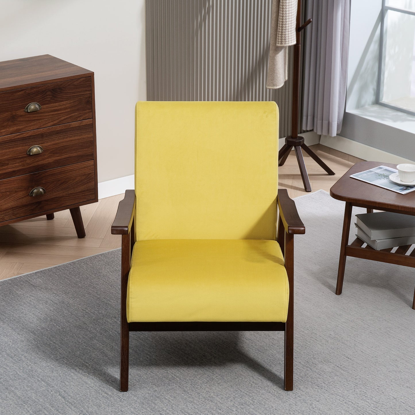 Velvet Armchair with Solid Wood Frame and Thick Padded, Champagne