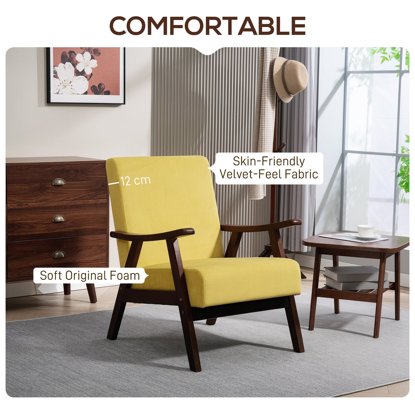 Velvet Armchair with Solid Wood Frame and Thick Padded, Champagne