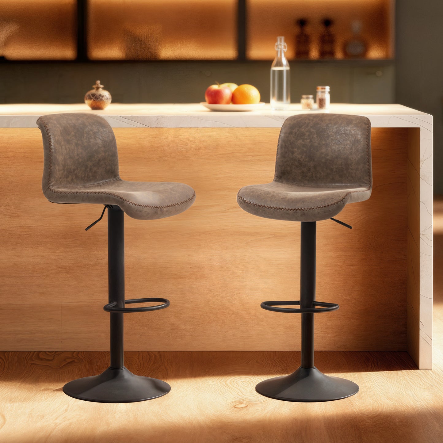 Barstools Set of 2, Dining Stools with Backrest and Footrest, Brown