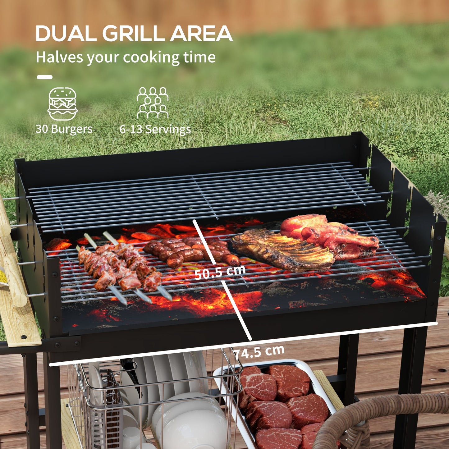 Charcoal BBQ Grill Barbecue with Side Table, Storage Shelf, Wheels