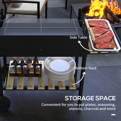 Charcoal BBQ Grill Barbecue with Side Table, Storage Shelf, Wheels