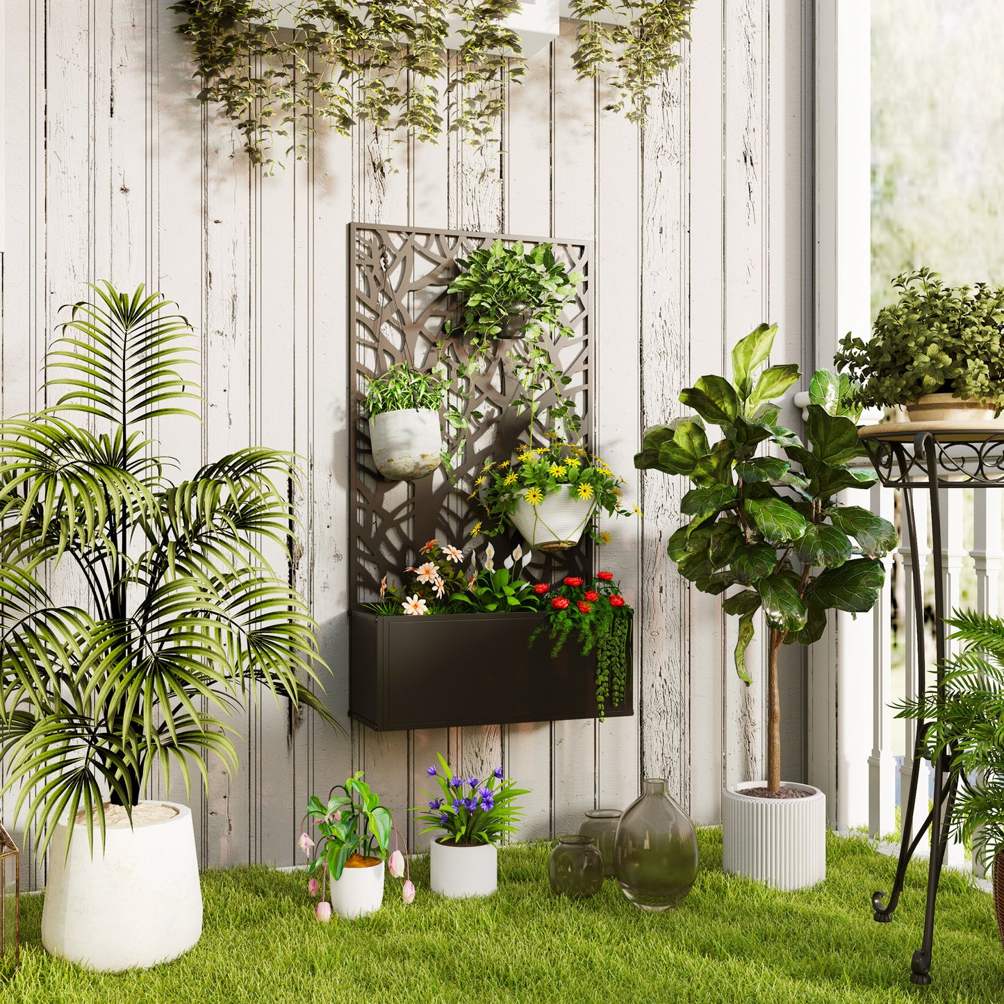 Metal Raised Garden Bed with Trellis, Outdoor Elevated Planter Box