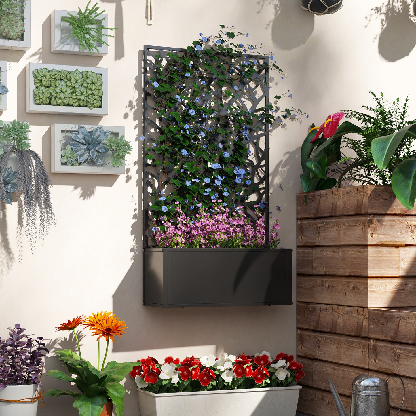 Metal Raised Garden Bed with Trellis, Outdoor Elevated Planter Box