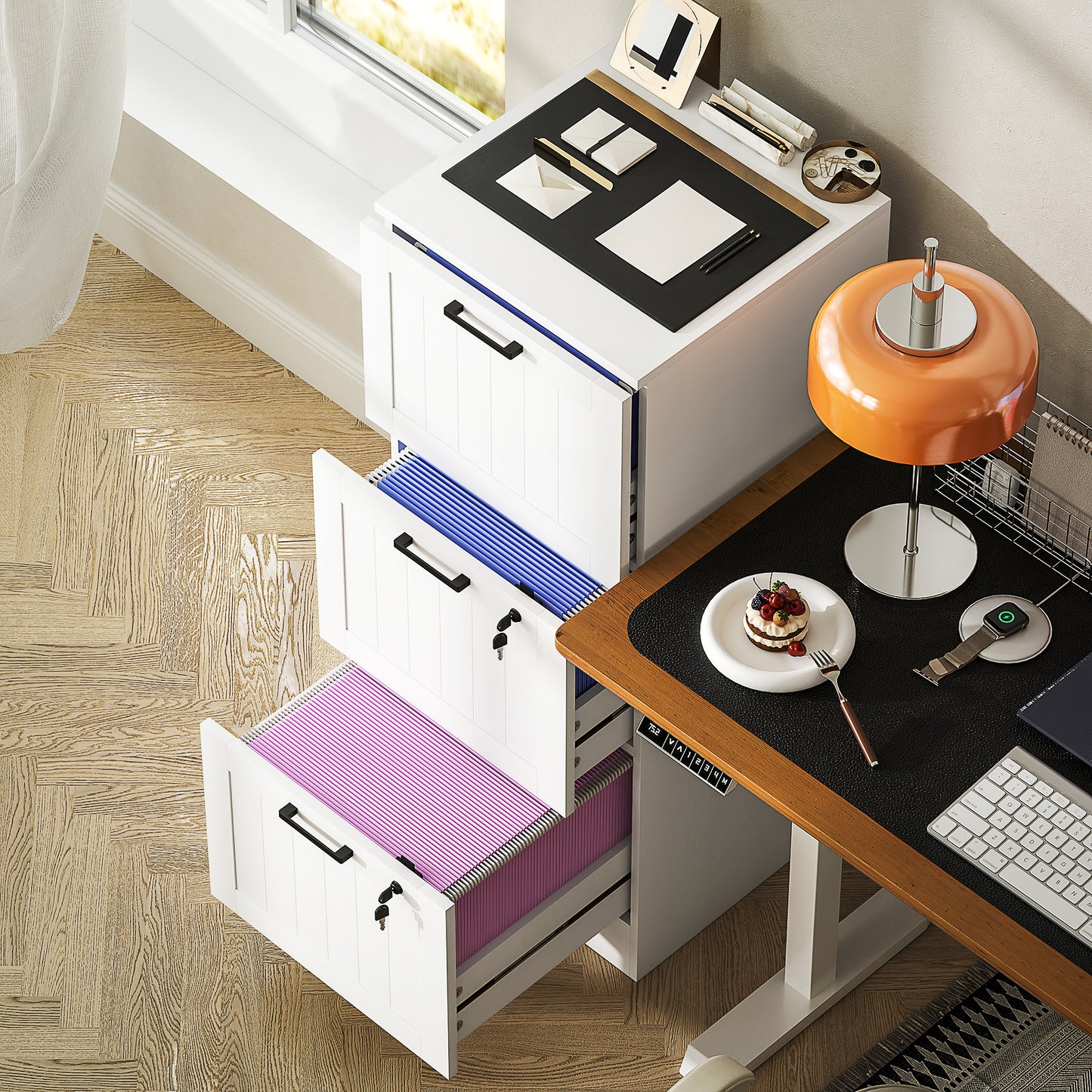 3 Drawer File Cabinet with Lock and Adjustable Hanging Bars, White