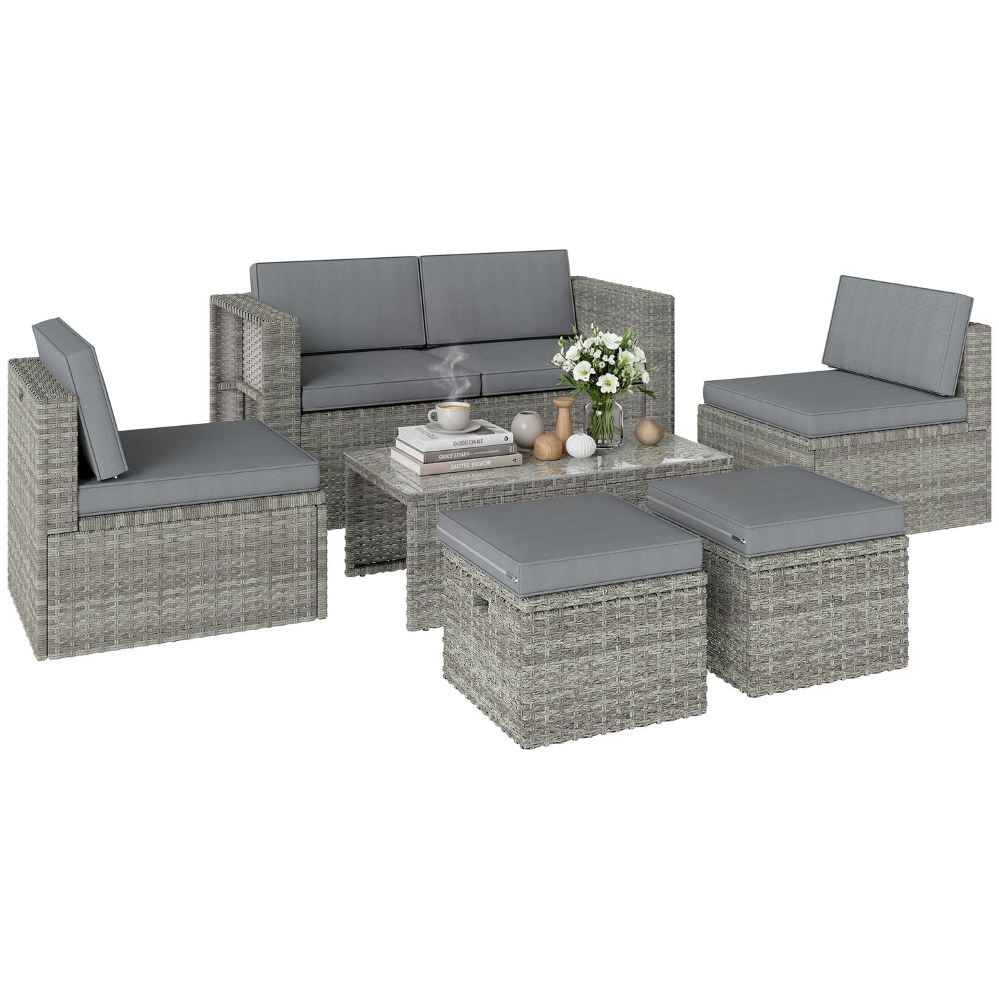 6 Piece Rattan Garden Furniture Set, Nesting Patio Conversation Set