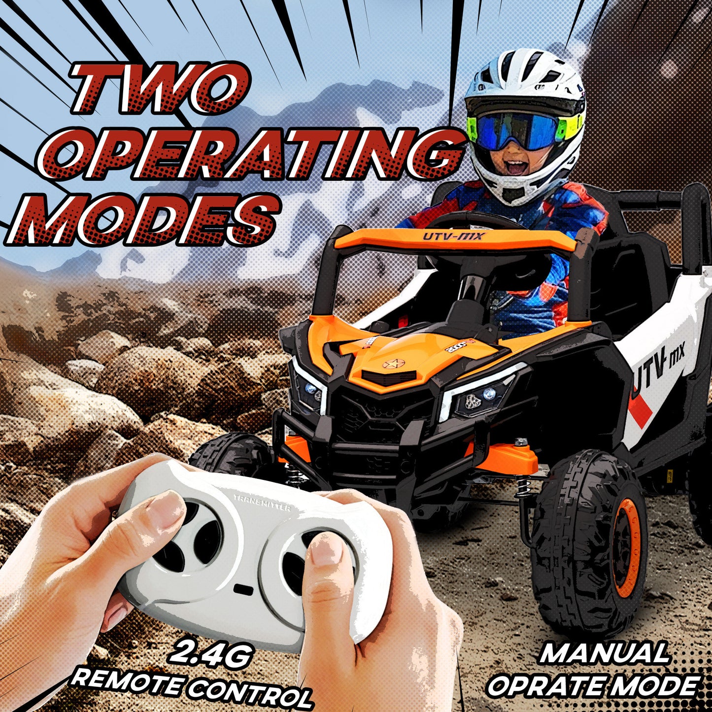 12V Kids Ride On Car, Electric Car for Kids UTV with Remote Control, Slow Start, Suspension System, LED Lights, Music, USB Port, for Boys Girls 3-5 Years, Orange