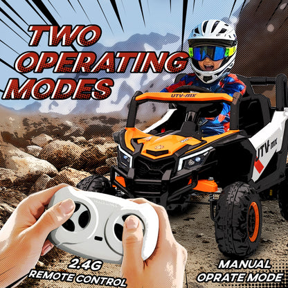 12V Kids Ride On Car, Electric Car for Kids UTV with Remote Control, Slow Start, Suspension System, LED Lights, Music, USB Port, for Boys Girls 3-5 Years, Orange