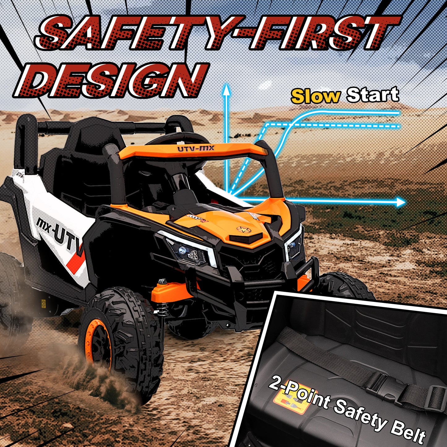 12V Kids Ride On Car, Electric Car for Kids UTV with Remote Control, Slow Start, Suspension System, LED Lights, Music, USB Port, for Boys Girls 3-5 Years, Orange